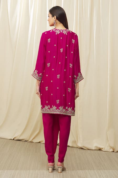 Shop Jayanti Reddy Pink Silk Cut Work, Embroidery Round Neck Aari Tunic Dhoti Pant Set at Aza Fashions Shop_Jayanti Reddy_Pink Silk Cut Work, Embroidery Round Neck Aari Tunic Dhoti Pant Set _at_Aza_Fashions