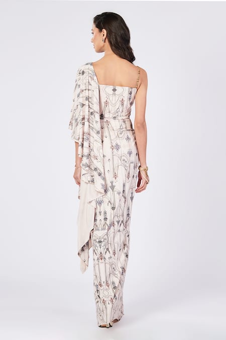 Shop_S & N By Shantnu Nikhil_Off White Chiffon, Polyester Embroidery Jewel Print Draped Saree Gown _at_Aza_Fashions