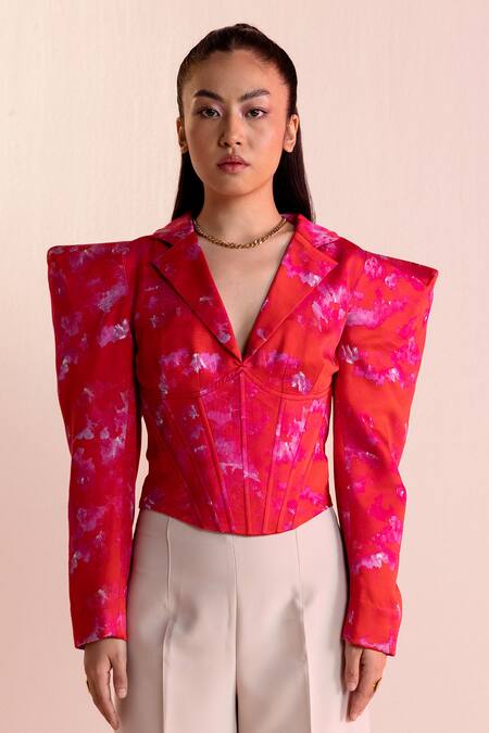 Shop Joskai Studio Red Modal, Satin Collared Digital Print Blazer Style Top at Aza Fashions Shop_Joskai Studio_Red Modal, Satin Collared Digital Print Blazer Style Top_at_Aza_Fashions