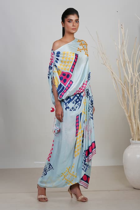 Garo_Blue Modal, Satin Crystals Asymmetric Geometric Pattern Blouse And Drape Skirt Set _Online_at_Aza_Fashions