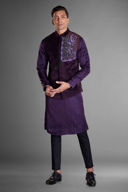 Shop More Mischief Purple Suede Embroidery Floral Bundi at Aza Fashions Shop_More Mischief_Purple Suede Embroidery Floral Bundi_at_Aza_Fashions