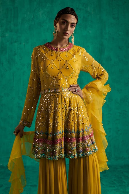 Shian Mirror Embroidered Peplum Kurta Sharara Set 