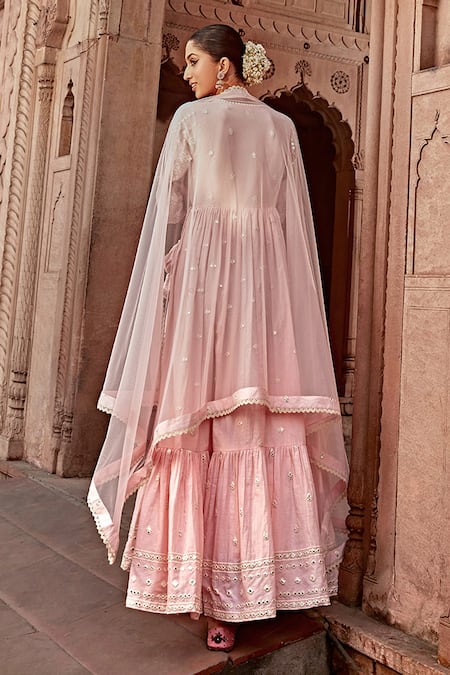 Shop Preevin Pink Cotton, Tulle, Net Embroidery, Mirrors V-neck Work Angrakha Anarkali Set at Aza Fashions Shop_Preevin_Pink Cotton, Tulle, Net Embroidery, Mirrors V-neck Work Angrakha Anarkali Set _at_Aza_Fashions