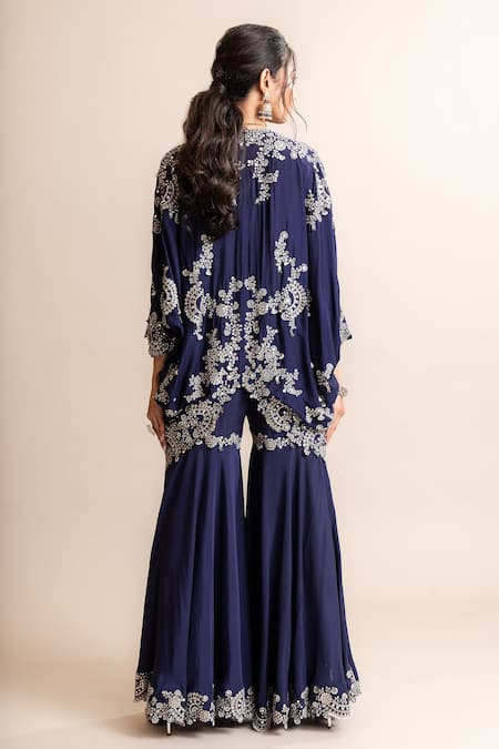 Shop_Nupur Kanoi_Blue Crepe Mirrors, Studs, Pearls Hand Embroidered Kite Tunic With Gharara _at_Aza_Fashions