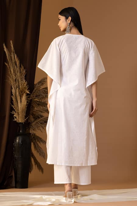 Shop_Abbaran_White Cotton Embroidery Round Neck Floral Print Kaftan And Palazzo Set _at_Aza_Fashions