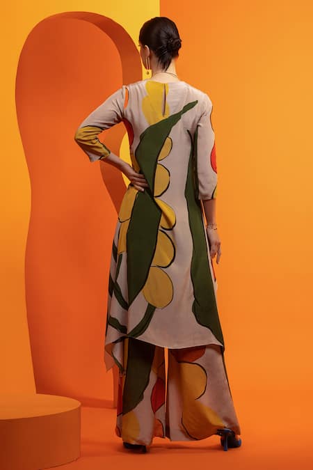 Shop Nautanky Beige Crepe Boat Neck Abstract Geometric Print Asymmetric Top And Pant Set at Aza Fashions Shop_Nautanky_Beige Crepe Boat Neck Abstract Geometric Print Asymmetric Top And Pant Set _at_Aza_Fashions