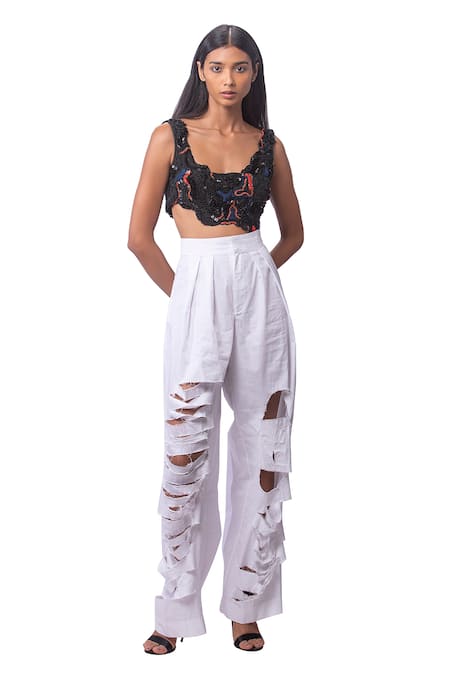 Shop_AK-OK_Black Cotton, Lycra Beads Scoop Neck Abstract Embroidered Crop Top _at_Aza_Fashions