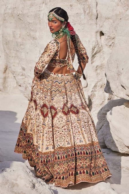 Shop The Royaleum Beige Silk, Crepe Beads, Sequins, Embroidery Round Neck Bridal Lehenga Set at Aza Fashions Shop_The Royaleum_Beige Silk, Crepe Beads, Sequins, Embroidery Round Neck Bridal Lehenga Set _at_Aza_Fashions