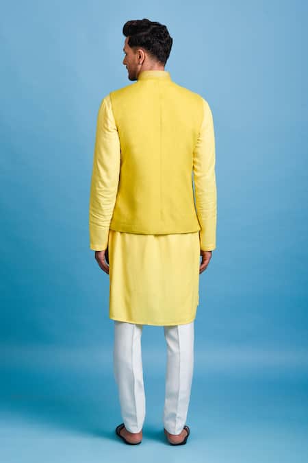 Shop_Chatenya Mittal_Yellow Linen Gota Patti, Embroidery Bundi Kurta Set For Kids_at_Aza_Fashions