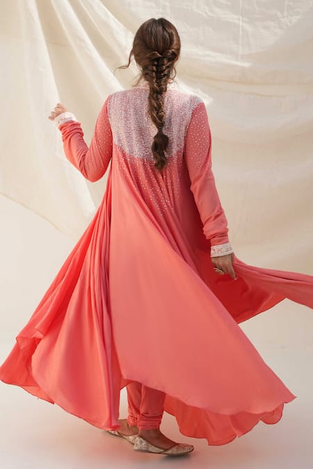 Shop_Kanika Sharma_Coral Modal Pearls, Sequins, Zari V-neck And Embroidered Anarkali Set _at_Aza_Fashions