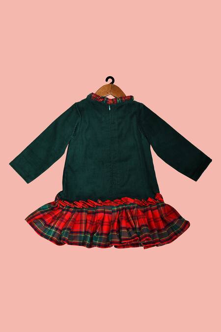 Shop Pankhuri By Priyanka Red Tweed, Corduroy Ruffles Checkered Panelled Dress Online at Aza Fashions Shop_Pankhuri By Priyanka_Red Tweed, Corduroy Ruffles Checkered Panelled Dress _Online_at_Aza_Fashions