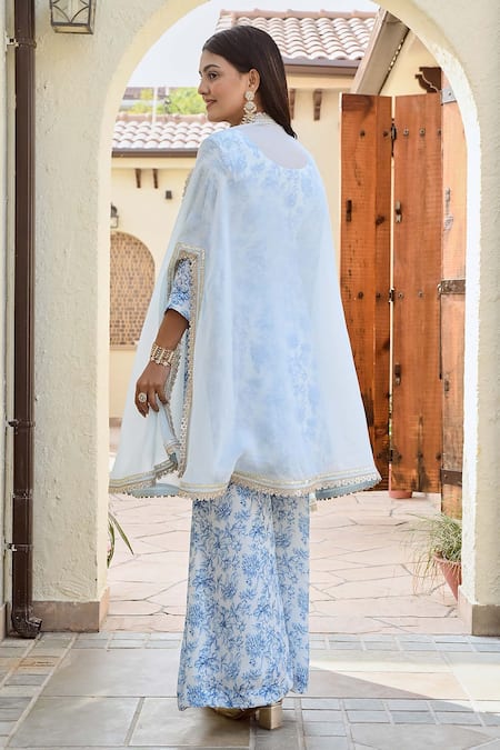 Shop Palak & Mehak Ivory Crepe, Organza Gota Patti, Embroidery Printed Kurta Set With Sheer Cape at Aza Fashions Shop_Palak & Mehak_Ivory Crepe, Organza Gota Patti, Embroidery Printed Kurta Set With Sheer Cape _at_Aza_Fashions