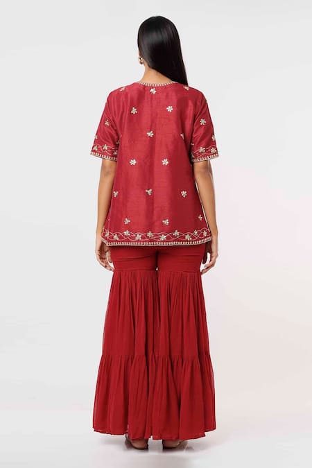 Shop_Mehak Murpana_Red Silk Embroidery, Beads V-neck Floral Kurta Sharara Set _at_Aza_Fashions