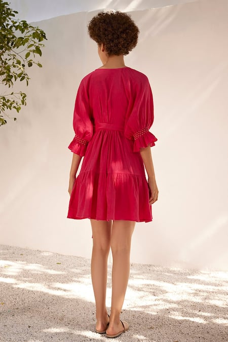 Shop_Kharakapas_Fuchsia Cotton V-neck First Love Double Wrap Dress _at_Aza_Fashions