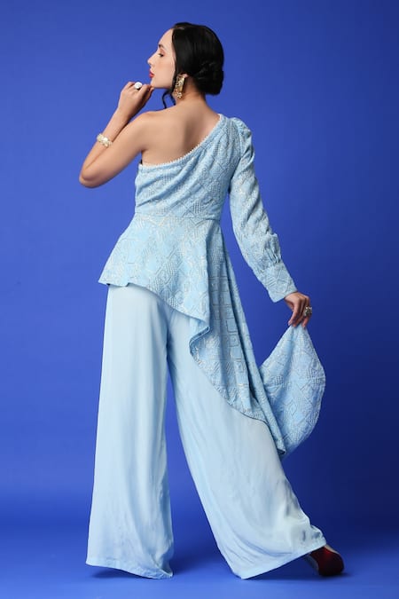 Shop Monk & Mei By Sonia Anand Blue Georgette Sequins, Embroidery Asymmetric One Shoulder Top And Palazzo Set at Aza Fashions Shop_Monk & Mei By Sonia Anand_Blue Georgette Sequins, Embroidery Asymmetric One Shoulder Top And Palazzo Set _at_Aza_Fashions