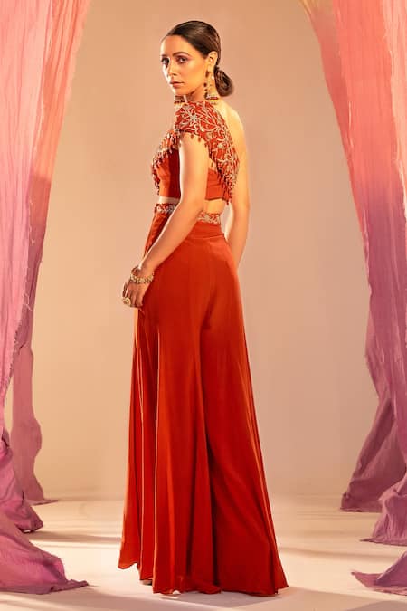 Silky Bindra One Shoulder Embroidered Blouse With Palazzo 