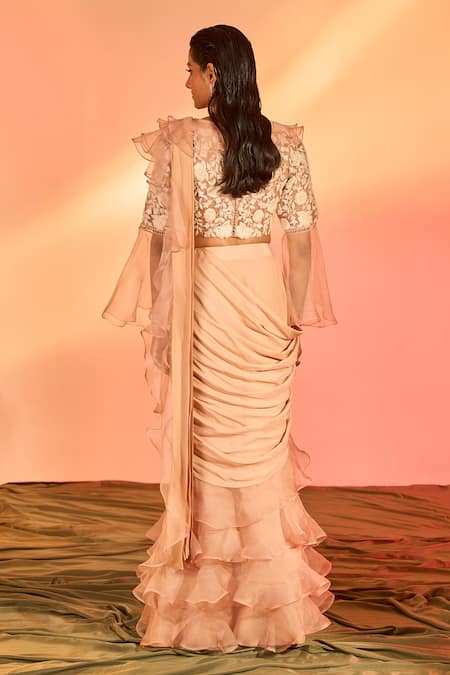 Shop J By Jannat Pink Crepe Hand Embroidery Pre-draped Ruffle Saree With Blouse at Aza Fashions Shop_J By Jannat_Pink Crepe Hand Embroidery Pre-draped Ruffle Saree With Blouse _at_Aza_Fashions