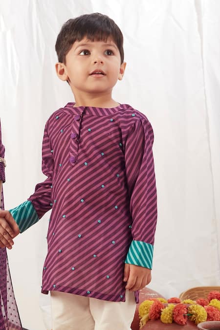 Shop Vivedkids Purple Cotton Embroidery Stripe Pattern Kurta And Pant Set at Aza Fashions Shop_Vivedkids_Purple Cotton Embroidery Stripe Pattern Kurta And Pant Set _at_Aza_Fashions