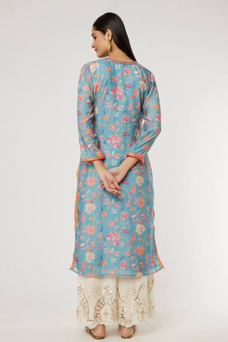 Shop Gopi Vaid Blue Cotton, Silk Embroidery Split V-neck Naaz Floral Pattern Tunic at Aza Fashions Shop_Gopi Vaid_Blue Cotton, Silk Embroidery Split V-neck Naaz Floral Pattern Tunic_at_Aza_Fashions