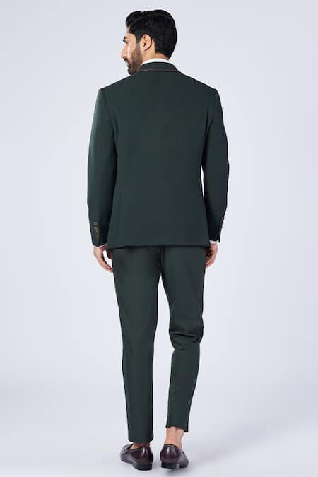 Shop_S&N By Shantnu Nikhil_Green Lycra, Viscose, Terrycloth Embroidery Placement Crest Blazer _at_Aza_Fashions
