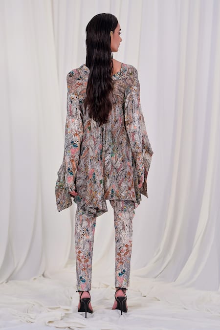 Shop AK-OK White Silk V-neck Abstract Print Top And Pant Set at Aza Fashions Shop_AK-OK_White Silk V-neck Abstract Print Top And Pant Set _at_Aza_Fashions