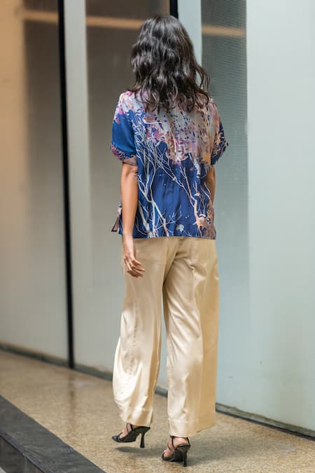Shop Leh Studios Blue Viscose, Crepe Embroidery Collared Evening Canope Print Day Shirt at Aza Fashions Shop_Leh Studios_Blue Viscose, Crepe Embroidery Collared Evening Canope Print Day Shirt _at_Aza_Fashions
