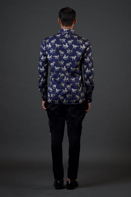 Shop Balance By Rohit Bal Blue Poplin, Satin Horse Print Fitted Shirt at Aza Fashions Shop_Balance By Rohit Bal_Blue Poplin, Satin Horse Print Fitted Shirt _at_Aza_Fashions