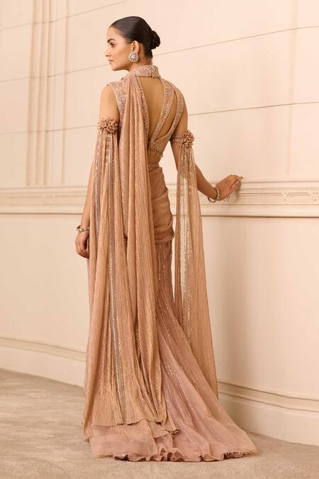 Shop Tarun Tahiliani Gold Tulle Sequins, Crystals Collared Embroidered Concept Saree With Blouse at Aza Fashions Shop_Tarun Tahiliani_Gold Tulle Sequins, Crystals Collared Embroidered Concept Saree With Blouse_at_Aza_Fashions