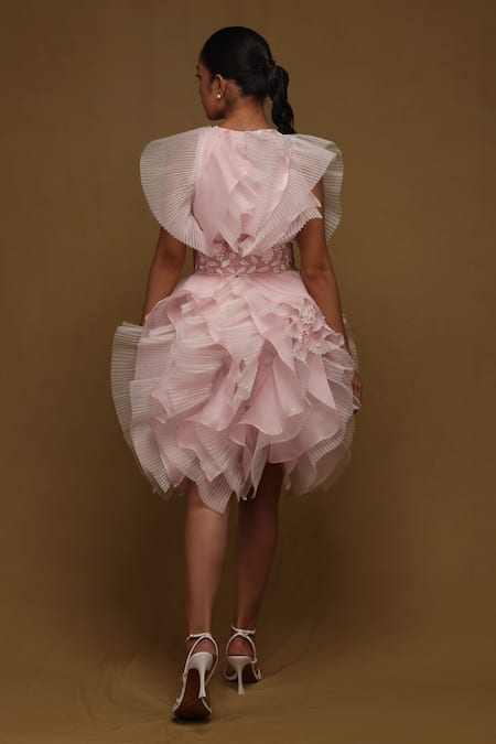 Shop_Shriya Som_Pink Organza Embroidery Asymmetric Textured Ruffle Layered Dress _at_Aza_Fashions