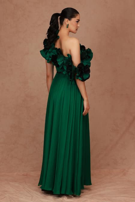 Tara Aqua Tiered Pleated Maxi Dress with High Ruffle Neck - True Decadence