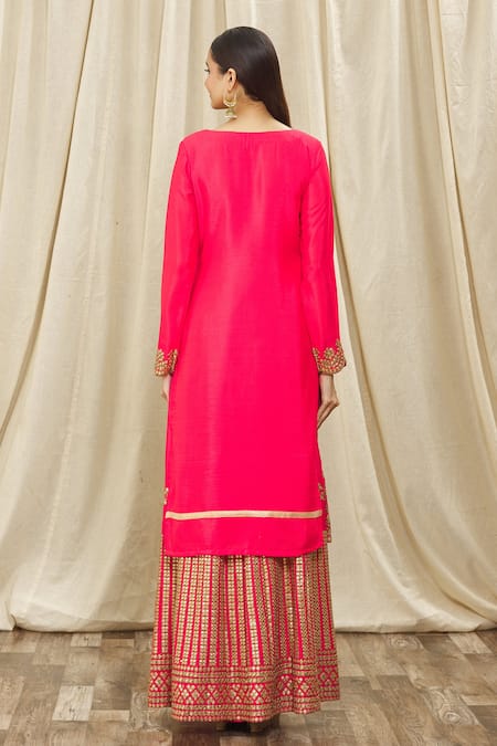 Shop Samyukta Singhania Pink Chiffon, Cotton Embroidery, Sequins, Gota Kurta Set With Palazzo And Dupatta at Aza Fashions Shop_Samyukta Singhania_Pink Chiffon, Cotton Embroidery, Sequins, Gota Kurta Set With Palazzo And Dupatta_at_Aza_Fashions