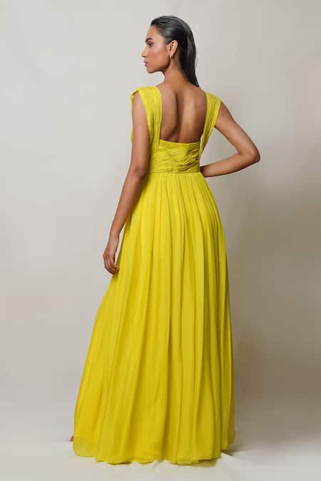 Shop Pinup By Astha Yellow Chiffon, Crepe Sweetheart Neck Pleated Neckline Gown at Aza Fashions Shop_Pinup By Astha_Yellow Chiffon, Crepe Sweetheart Neck Pleated Neckline Gown _at_Aza_Fashions