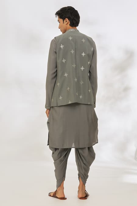 Shop Manish Nagdeo Gray Modal Embroidery, Sequins Geometric Bundi Set at Aza Fashions Shop_Manish Nagdeo_Gray Modal Embroidery, Sequins Geometric Bundi Set _at_Aza_Fashions
