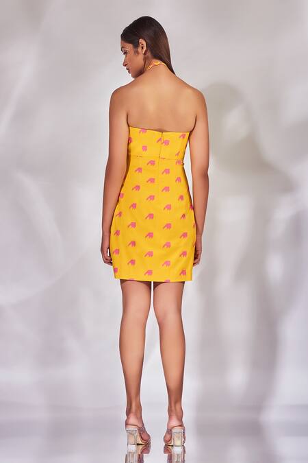 Shop_Senren by Eshana Raut_Yellow Cotton Halter Neck Dress _at_Aza_Fashions