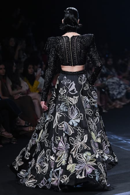 Shop Ritika Mirchandani Black Net, Crepe, Georgette Beads, Freda Resham Floral Lehenga And Blouse Set at Aza Fashions Shop_Ritika Mirchandani_Black Net, Crepe, Georgette Beads, Freda Resham Floral Lehenga And Blouse Set _at_Aza_Fashions