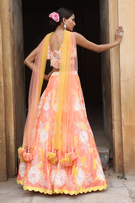 Shop_Nitisha Kashyap Official_Peach Silk, Net Mirrors, Beads, Sequins Tie And Dye Floral Embroidered Lehenga Set _at_Aza_Fashions