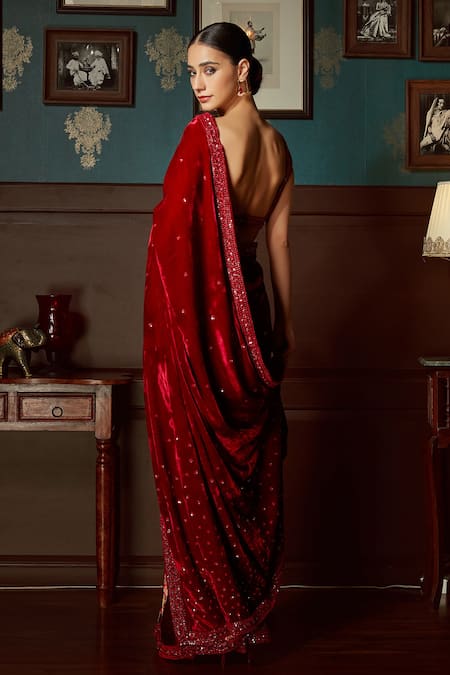 Priyanka Jain – Red Velvet Pre Draped Saree – Nikaza Asian Couture