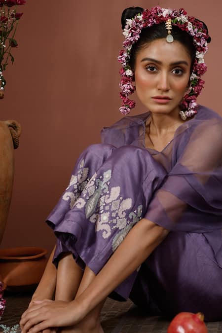 Neha Poddar Mauve Sheer Cape & Applique Work Pant Set 