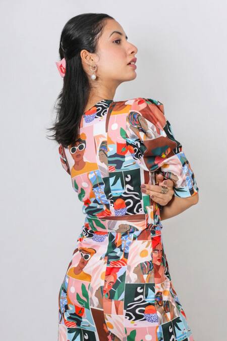 Shop_Fuga_Multi Color Lycra V-neck Abstract Pattern V Dress With Belt _at_Aza_Fashions
