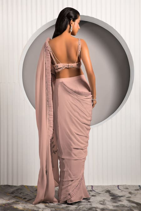 Shop Jade By Ashima Pink Georgette, Crepe Embroidery Plunge Pre-draped Saree With Floral Blouse at Aza Fashions Shop_Jade By Ashima_Pink Georgette, Crepe Embroidery Plunge Pre-draped Saree With Floral Blouse _at_Aza_Fashions