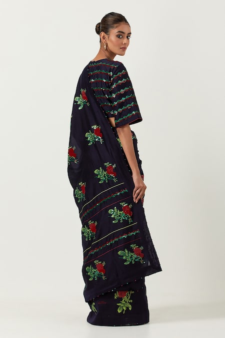 Shop_Label Earthen_Blue Chanderi Silk Embroidery Round Neck Phool Pathi Saree With Blouse _at_Aza_Fashions