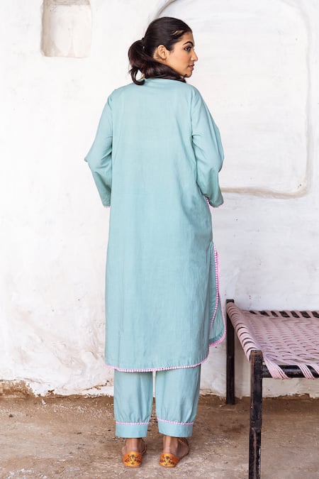Shop Gulabo Jaipur Blue Cotton Lace, Embroidery Round Neck Arzu Kurta And Pant Set at Aza Fashions Shop_Gulabo Jaipur_Blue Cotton Lace, Embroidery Round Neck Arzu Kurta And Pant Set _at_Aza_Fashions