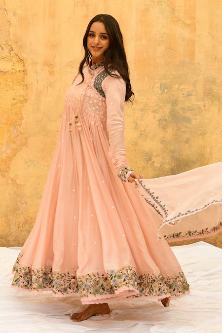 Shop_Label Niti Bothra_Pink Silk, Bamboo Embroidery, Lace Collared Angarkha Anarkali Set _at_Aza_Fashions