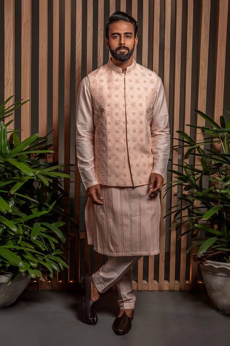 Shop_Darshika Menswear_Pink Cotton, Silk Embroidery, Pearls Geometric Bundi And Kurta Set _at_Aza_Fashions