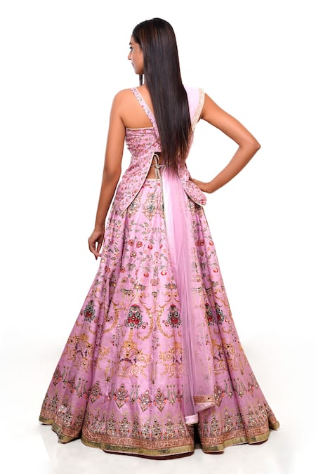 Shop Archana Kochhar Pink Silk, Net Embroidery, Mirrors, Flower Vine Print Lehenga Set With Belt at Aza Fashions Shop_Archana Kochhar_Pink Silk, Net Embroidery, Mirrors, Flower Vine Print Lehenga Set With Belt _at_Aza_Fashions