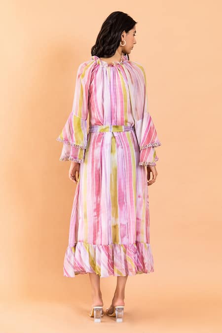 Shop Aroop Shop India Multi Color Chiffon Ruffles Keyhole Neck Avery Stella Print Bell Sleeve Dress at Aza Fashions Shop_Aroop Shop India_Multi Color Chiffon Ruffles Keyhole Neck Avery Stella Print Bell Sleeve Dress _at_Aza_Fashions