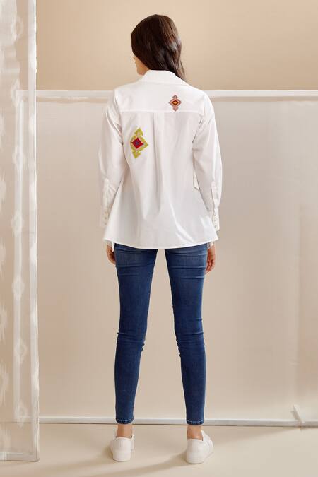 Shop Bunka White Cotton Embroidered Sequin Work Spread Collar Nina Shirt at Aza Fashions Shop_Bunka_White Cotton Embroidered Sequin Work Spread Collar Nina Shirt _at_Aza_Fashions