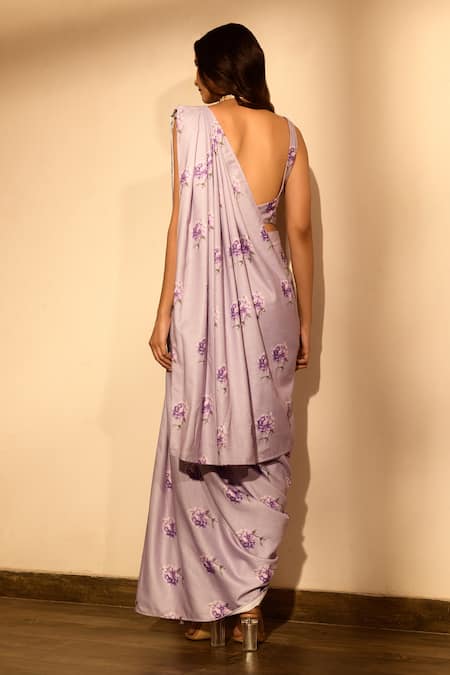 Pasha India Purple Linen Sequins, Pearls Sweetheart Neck Floral Print Pant Saree With Blouse Online at Aza Fashions Pasha India_Purple Linen Sequins, Pearls Sweetheart Neck Floral Print Pant Saree With Blouse _Online_at_Aza_Fashions