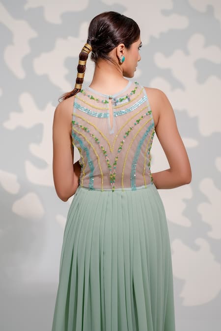 Tamaraa By Tahani_Green Georgette, Tulle Sequins, Crystals, Beads Round Embroidered Pleated Gown _Online_at_Aza_Fashions