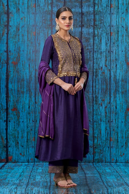 Shop Label Niti Bothra Purple Silk Zari Jaal Round Work Kurta And Palazzo Set at Aza Fashions Shop_Label Niti Bothra_Purple Silk Zari Jaal Round Work Kurta And Palazzo Set _at_Aza_Fashions
